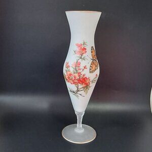 Bristol Glass Vase White Satin With Butterfly And Flowers Vintage